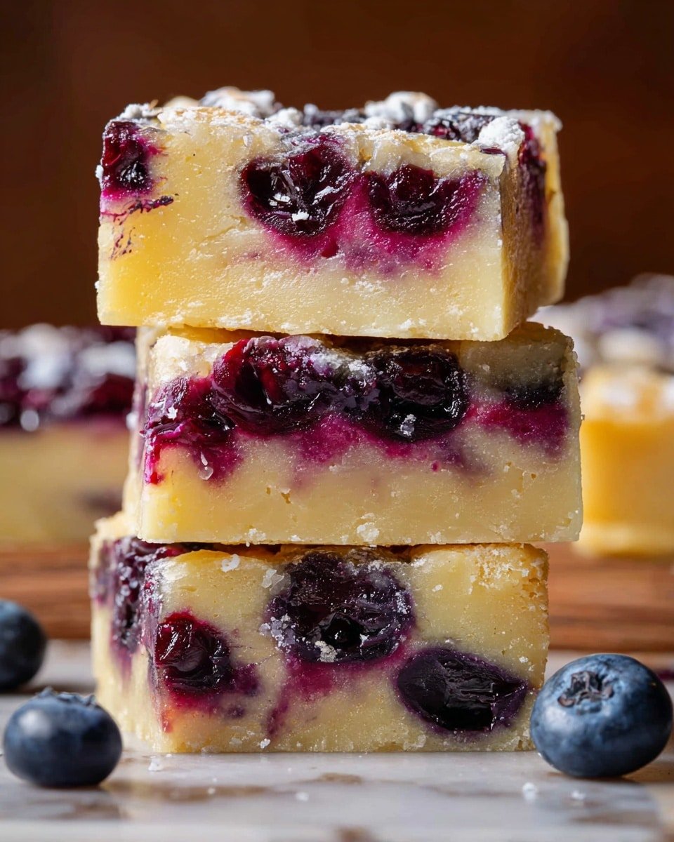 The image shows a stack of three thick bars with three clear layers each, placed on a white marbled surface. The bottom layer is pale yellow with a soft, dense texture; the middle layer is a mix of the same pale yellow and glossy dark purple blueberries, some with a shiny juice that slightly drips down the sides; the top layer includes more blueberries embedded into the pale yellow base with a shiny, syrup-like glaze and a light dusting of white powder. A few whole blueberries rest on the surface around the stack. The background is brown, slightly blurred. Photo taken with an iphone --ar 4:5 --v 7