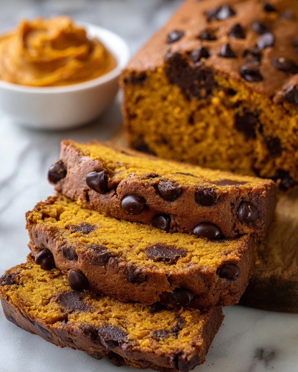 The image shows a loaf of pumpkin bread with three thick slices cut and stacked in front of the rest of the loaf. The bread has a warm orange color inside with dark chocolate chips scattered throughout. The crust is darker brown and slightly cracked on top, giving a rough texture with visible chocolate chips melted into it. In the background, there is a small white bowl filled with smooth orange spread. The bread and bowl are placed on a white marbled surface. photo taken with an iphone --ar 4:5 --v 7