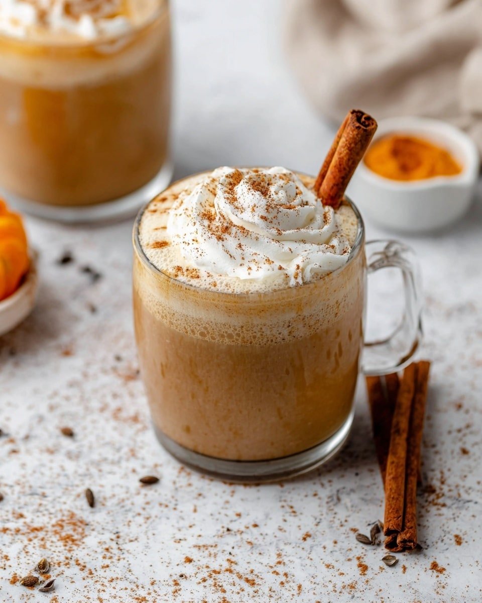 A clear glass cup filled with a light brown frothy drink topped with a white swirl of whipped cream sprinkled with brown spice powder, and a whole cinnamon stick placed upright inside the drink on the right side, all resting on a white marbled surface with scattered brown spices around. In the background, there is a small white bowl with an orange substance and another glass cup with the same drink, slightly blurred. photo taken with an iphone --ar 4:5 --v 7