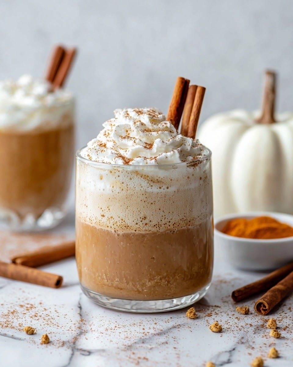 A clear glass cup filled with three layers: a bottom light brown frothy layer, a thick middle creamy light caramel layer, and a top layer of white whipped cream sprinkled with light brown spice powder, crowned with two upright cinnamon sticks. The cup sits on a white marbled surface scattered with cinnamon sticks and spice bits. In the background, a white pumpkin and a small white bowl with orange spice are slightly blurred, alongside another similar cup. Photo taken with an iphone --ar 4:5 --v 7