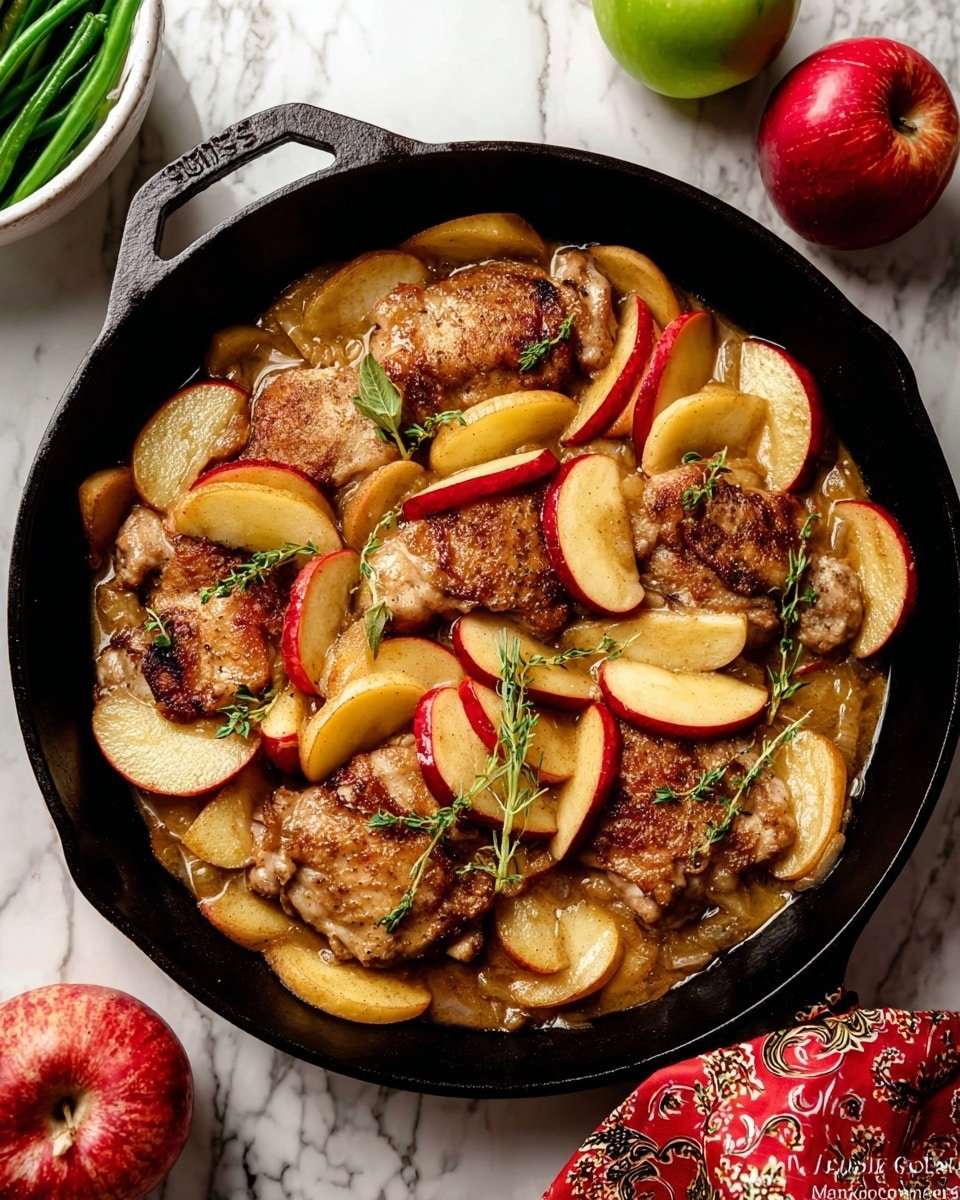 The image shows a black cast iron skillet filled with several browned chicken pieces as the bottom layer, each piece having a slightly crispy texture. On top of the chicken, there are many thick slices of cooked apples in light yellow and red shades, mixed with a light brown sauce that looks shiny and moist. Small green sprigs of herbs are scattered on top, adding a fresh touch. The skillet is placed on a white marbled surface, with a red patterned cloth in the top right corner and two whole apples—one red and one green—resting beside the skillet. In the bottom left corner, a white bowl with green beans is partially visible. Photo taken with an iphone --ar 4:5 --v 7