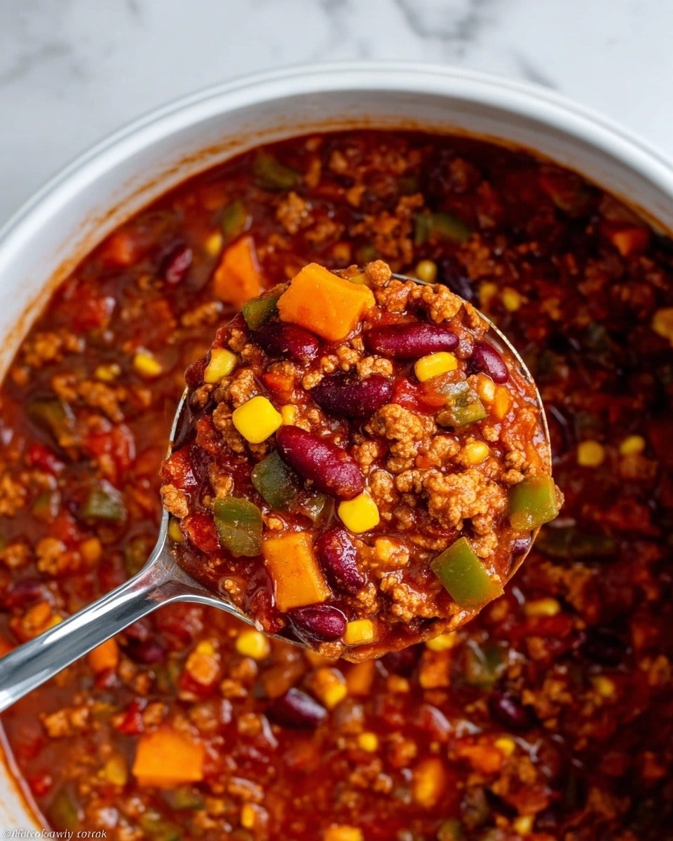 The image shows a white pot filled with thick chili, containing multiple layers of ingredients. The base layer is a rich red tomato sauce with small ground meat pieces mixed throughout. On top of this, there are visible bright yellow corn kernels, dark red kidney beans, green bell pepper pieces, orange chunks of sweet potato, and small bits of onion scattered evenly. The texture is chunky with a mix of soft and firm vegetables and meat. A silver ladle is scooping the chili from the pot, lifting a portion that reveals all these ingredients closely packed together. The background is a white marbled texture. Photo taken with an iphone --ar 4:5 --v 7