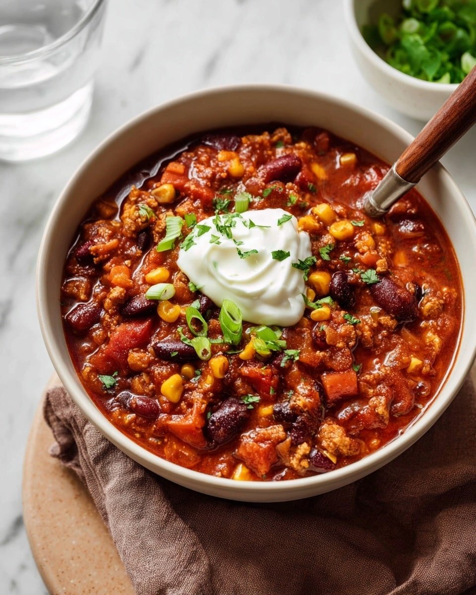 A white bowl filled with chunky chili showing a rich red tomato base mixed with yellow corn kernels, dark red kidney beans, and small pieces of cooked meat in brown. There are bits of chopped green herbs and sliced green onions scattered on top. A dollop of smooth white sour cream sits in the center. A spoon with a wooden handle rests on the edge of the bowl. The bowl sits on a white marbled surface with a soft brown cloth napkin underneath, and there is a clear glass of water and a small white bowl of green leaves blurred in the background. photo taken with an iphone --ar 4:5 --v 7
