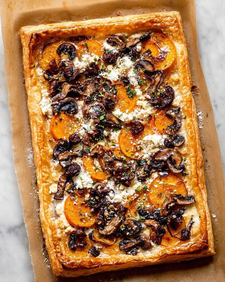A rectangular puff pastry tart with a golden brown crust that is puffed and slightly flaky around the edges, topped with a layer of melted white cheese scattered unevenly. On top, there are slices of bright orange roasted squash and dark brown cooked mushrooms spread evenly across the surface, with some small green herb sprinkles adding a touch of color. The tart rests on a piece of light brown parchment paper on a white marbled surface. Photo taken with an iphone --ar 4:5 --v 7