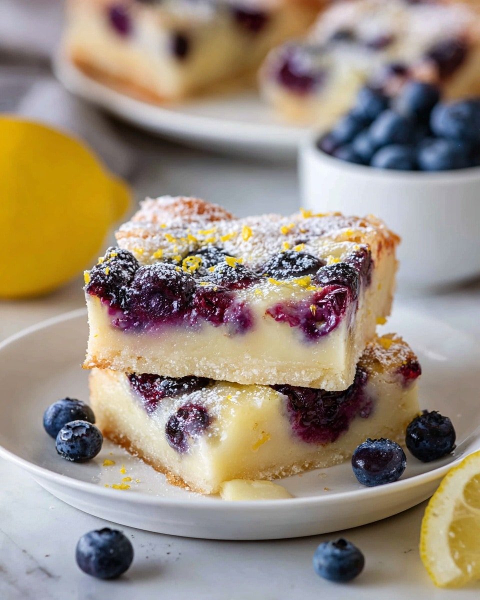 The image shows a flat yellow cake cut into 12 rectangular pieces, arranged in a rough 3 by 4 grid. The top layer of the cake is covered with scattered dark purple blueberries that are partly sunk into the cake. A light dusting of white powdered sugar is spread evenly over the blueberries and cake, giving a soft texture on top. The cake is placed on a piece of brown parchment paper on a white marbled surface. On the left side, there are slices of a yellow lemon and on the right, a small white bowl filled with fresh blueberries with some loose berries around it. Photo taken with an iphone --ar 4:5 --v 7