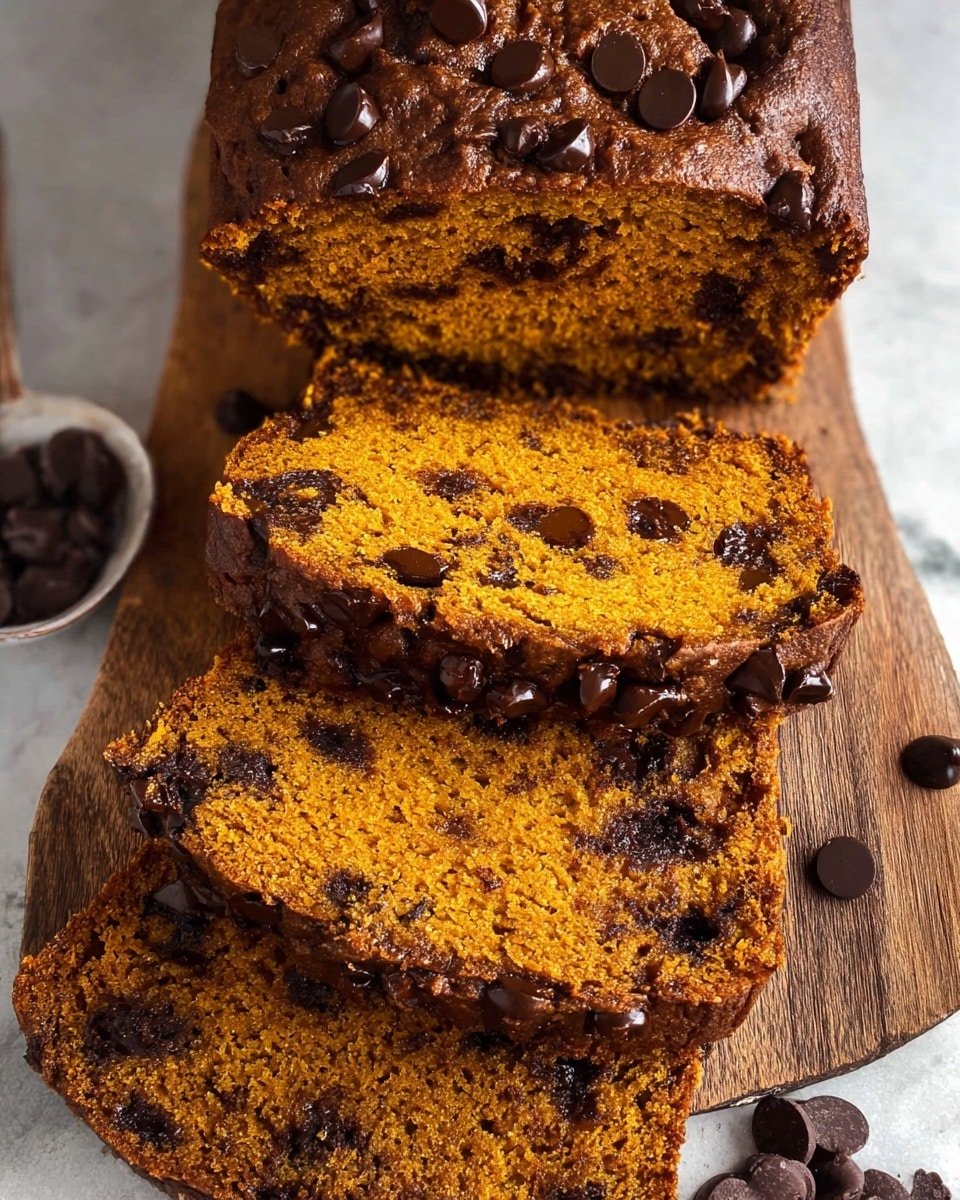 A loaf of chocolate chip pumpkin bread with three thick slices cut and stacked slightly overlapping on a wooden board. The bread's inside is warm orange with dark chocolate chips scattered throughout, while the crust is a darker brown with more chocolate chips visible on top. A few loose chocolate chips are placed near the bread on the board. The surface beneath the board has a white marbled texture. Photo taken with an iphone --ar 4:5 --v 7