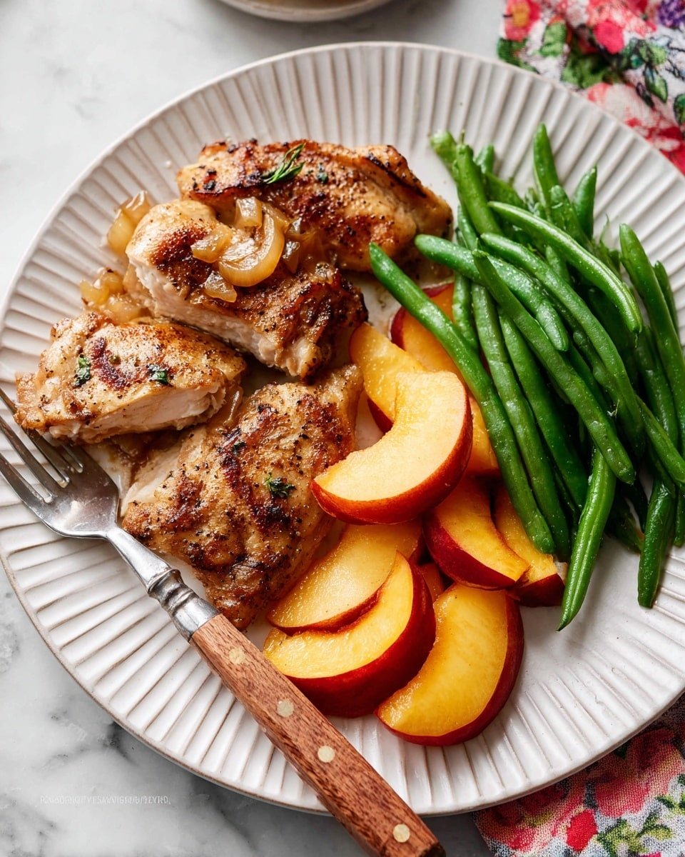 A white plate with ridged edges holds a meal with three main parts: on the left, two pieces of golden-brown cooked chicken with visible seasoning and small bits of cooked onion, one piece has a section cut away revealing the juicy interior; below and around the chicken, several soft, warm-toned peach slices with a glossy finish; on the right side of the plate, a neat pile of bright green cooked green beans with a smooth texture. A wooden-handled fork is placed on the lower left side of the plate, slightly under the chicken. The plate sits on a white marbled surface with a small part of a floral cloth in the upper right corner. Photo taken with an iphone --ar 4:5 --v 7
