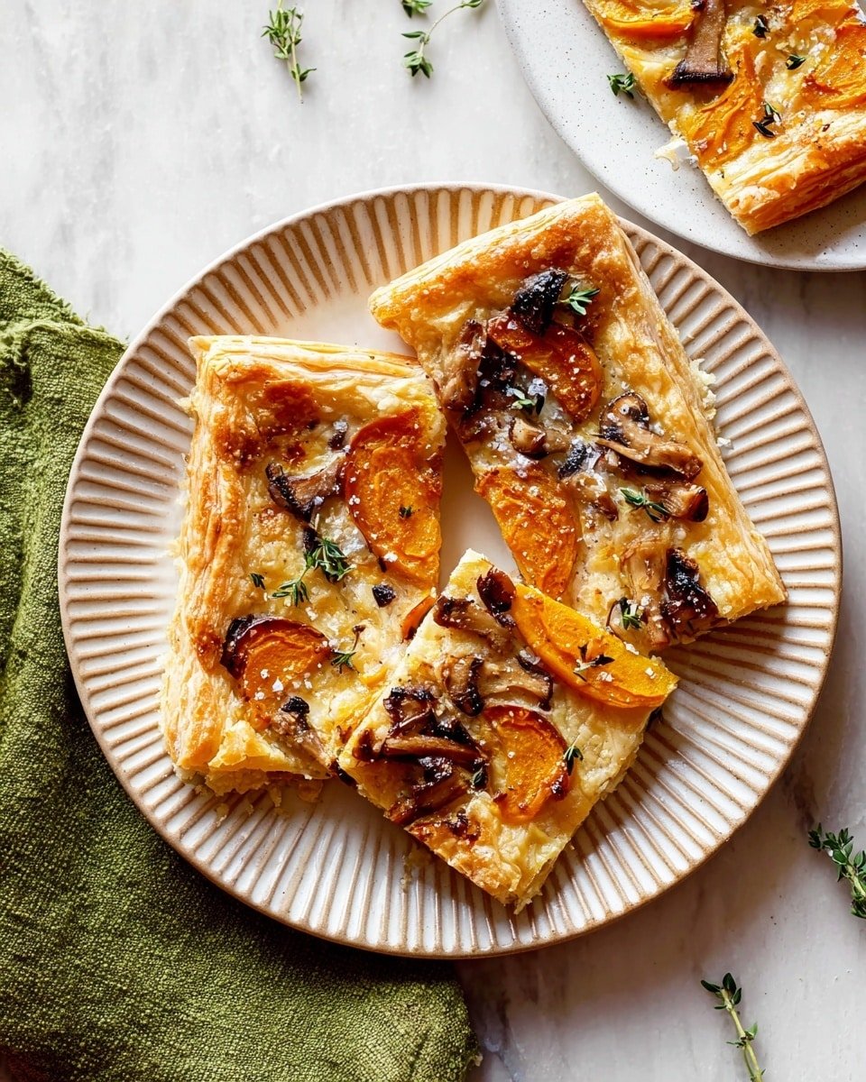 The image shows four rectangular slices of a flat dish on a white plate with ridged edges placed on a white marbled surface. Each slice has a golden-brown, flaky crust base with visible layers of puff pastry. The top has a mix of orange vegetable slices, possibly squash, scattered unevenly with browned caramelized bits, small mushroom pieces, and melted light-colored cheese. Small sprigs of green herbs are sprinkled on top, along with bits of coarse salt. In the top right corner, a partial view of another white plate with more pieces of the dish and an orange vegetable piece is visible. A small green fabric is placed near the bottom left corner of the frame. photo taken with an iphone --ar 4:5 --v 7
