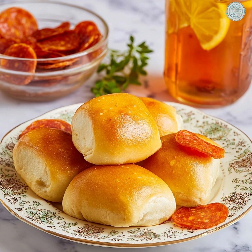 The image shows several golden brown pepperoni rolls placed on a white plate decorated with pepperoni patterns. The rolls have a soft, shiny dough exterior with one roll torn open to reveal melted white cheese and a slice of bright red pepperoni inside. The rolls are arranged closely together on the plate, with a blurred bunch of green herbs and a small glass bowl of pepperoni slices in the white marbled background. The warm colors of the rolls and pepperoni contrast with the fresh green leaves. photo taken with an iphone --ar 4:5 --v 7