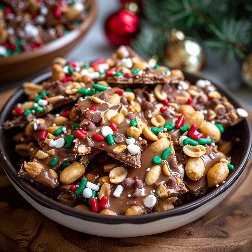 The image shows several small clusters of chocolate-covered nuts arranged on a white marbled surface. Each cluster is uneven and lumpy with glossy milk chocolate coating mixed nuts inside, showing light brown and tan textures of the nuts peeking through. The clusters are sprinkled with small red and green candy sprinkles, adding bright pops of color on top. One cluster in the foreground has a visible bite taken out of it, revealing more nuts and chocolate inside with a rough texture. The clusters are spread out with some focus on the front cluster and a soft blur on the ones farther away. Photo taken with an iphone --ar 4:5 --v 7