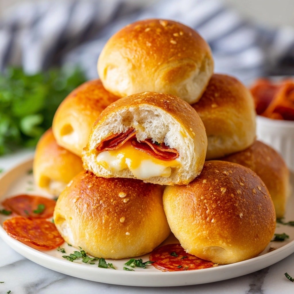 A white plate with a light floral pattern holds five golden brown, shiny bread rolls that look soft and lightly crisp on the outside. The rolls are placed close together, with one roll stacked on top of the others. Around the rolls, there are several round slices of pepperoni, bright red with oil glistening on the surface. To the left side of the plate, there is some fresh green herb garnish, and in the background, a small clear bowl with more pepperoni slices is partly visible. Behind that, there is a glass jar with iced tea and lemon slices, showing a warm orange color. The whole setup is on a white marbled surface. photo taken with an iphone --ar 4:5 --v 7