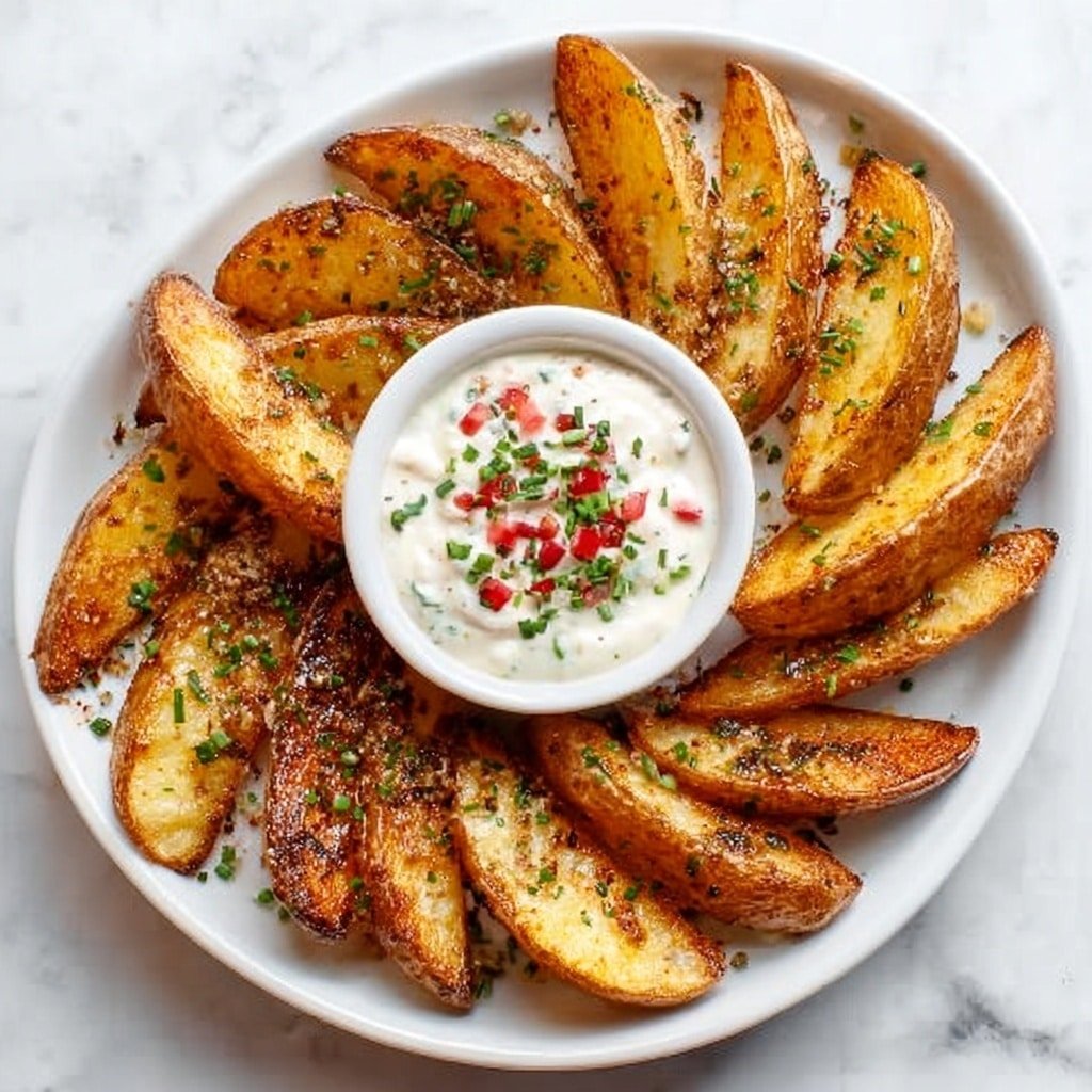 The dish shows a white oval plate filled with golden-brown potato wedges arranged in a circular pattern. In the center of the plate, there is a small round white bowl with creamy white sauce topped with finely chopped green herbs and small red pieces. The potato wedges have a crispy texture with herbs sprinkled on top. The plate is placed on a white marbled surface. Photo taken with an iphone --ar 4:5 --v 7