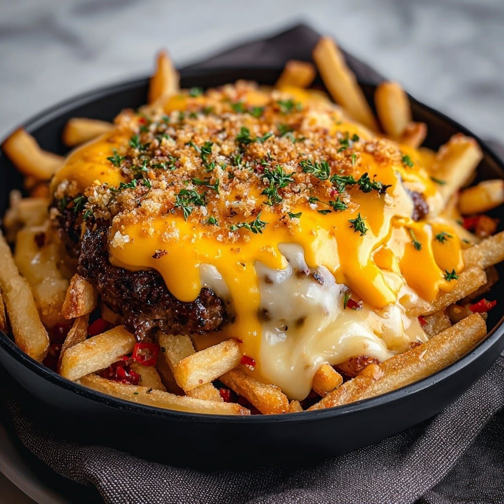 A close-up view of a white bowl filled with three main layers: the bottom layer is crispy golden French fries, the middle layer is browned ground beef pieces evenly spread over the fries, and the top layer is melted yellow cheddar cheese covering the beef. On the cheese, there are small red diced tomato pieces and finely chopped green herbs scattered across. The bowl sits on a white marbled surface. photo taken with an iphone --ar 4:5 --v 7