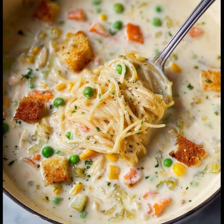 Creamy Chicken Noodle Soup with Mini Croutons Recipe