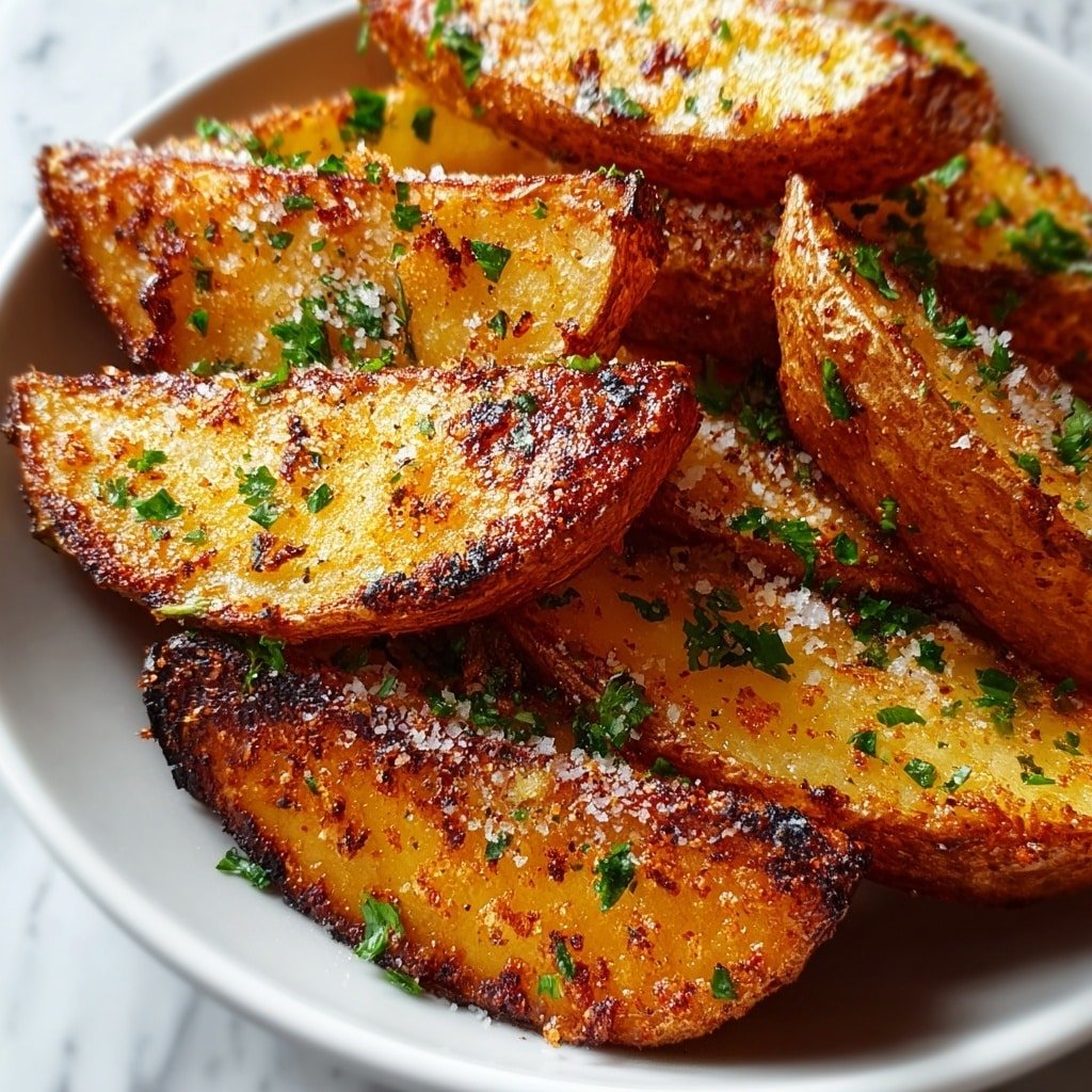 The image shows a close-up view of several thick potato wedges arranged closely together on a white plate. The wedges have a crispy, golden-brown texture with visible charred spots on the edges and skins. They are sprinkled with coarse salt and small green bits of fresh herbs, likely parsley, evenly scattered on top. The potatoes have a slightly rough surface from the seasoning and roasting. The white plate they rest on contrasts with the warm colors of the potatoes, all set against a white marbled texture in the background. photo taken with an iphone --ar 4:5 --v 7