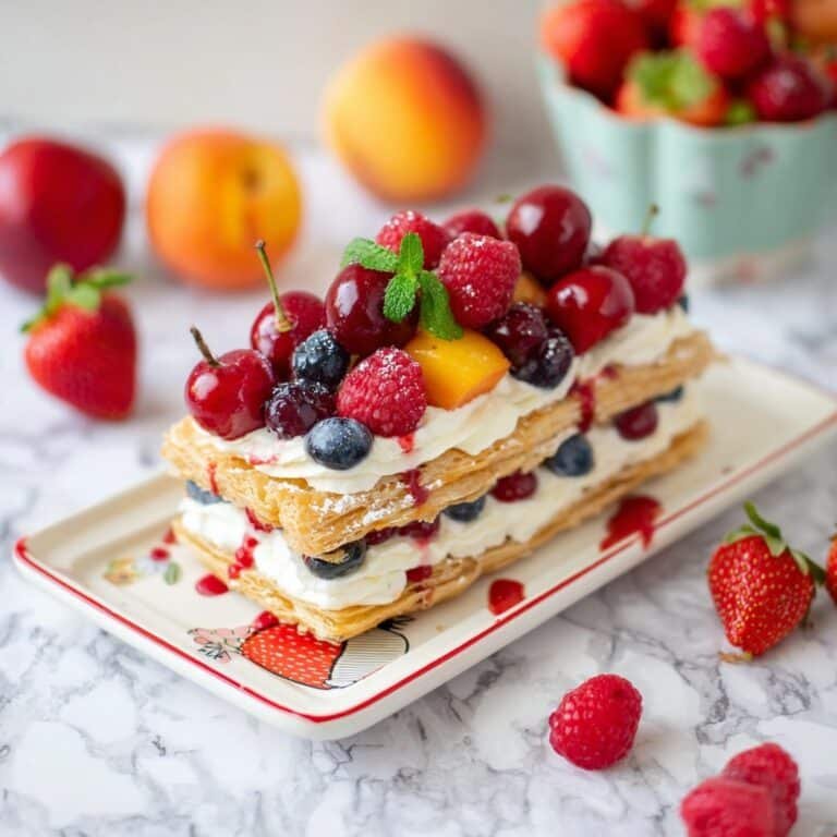 Fruit Mille Feuille with Mascarpone Cream and Raspberry Sauce Recipe