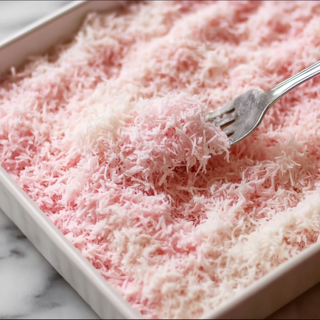 A close-up of a white rectangular dish filled with a thick layer of finely shredded coconut dyed in a soft pink color with some white mixed in, covering the entire surface. A silver fork is scooping up a portion from the middle of the dish, lifting the fluffy, stringy coconut shreds. The texture looks light and fibrous. The background is a white marbled surface. Photo taken with an iphone --ar 4:5 --v 7