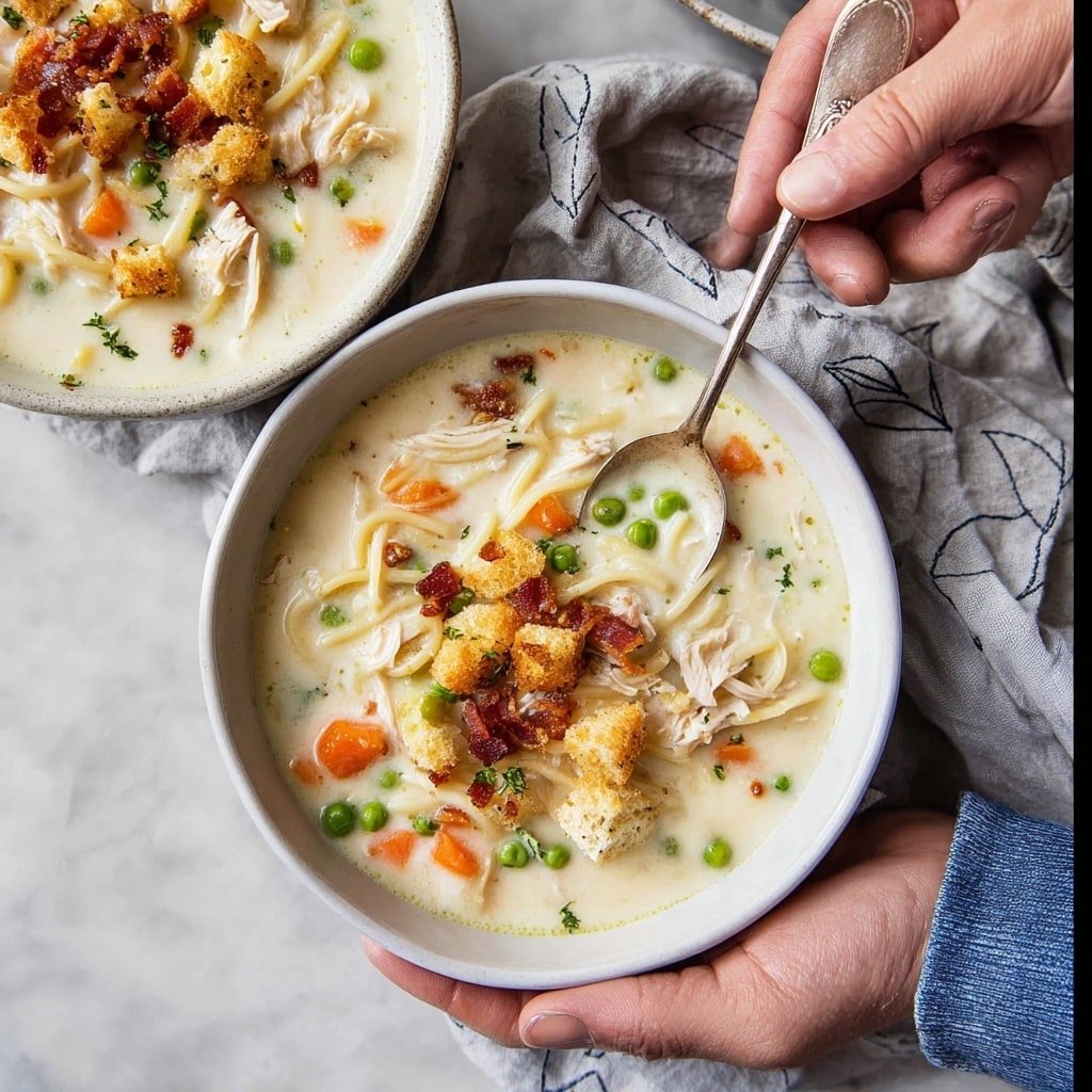 Creamy Chicken Noodle Soup with Mini Croutons Recipe - Recipe Image