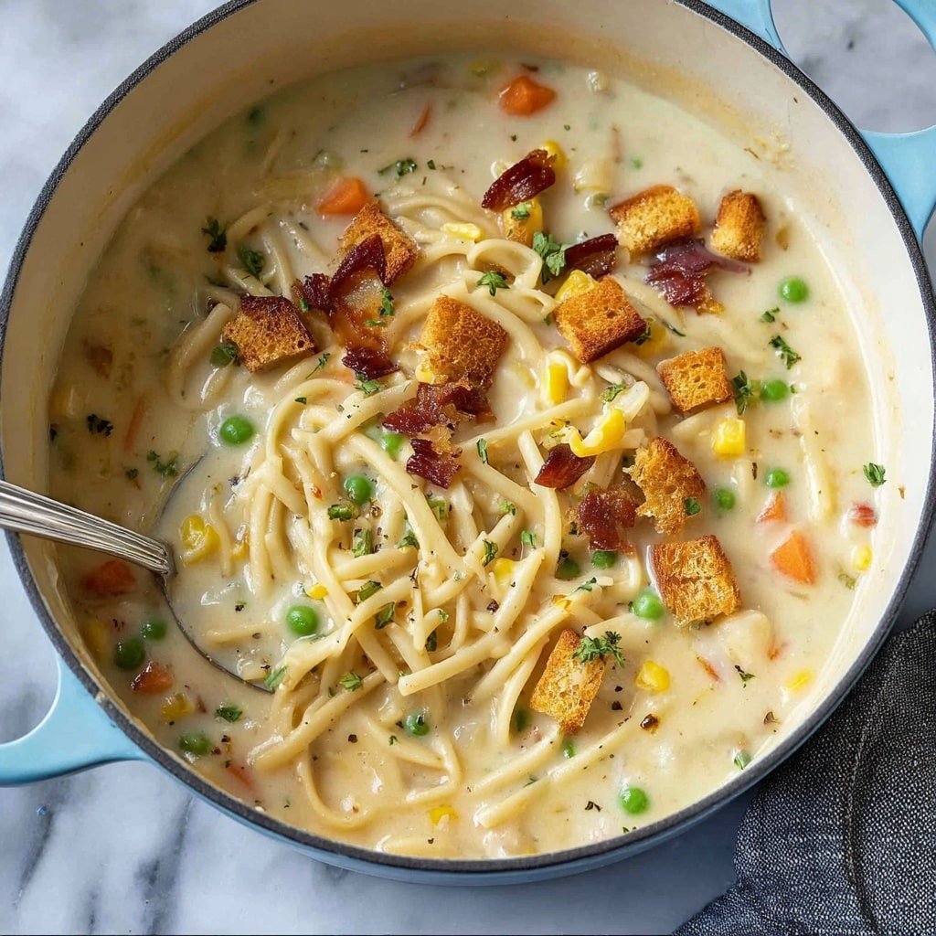 Creamy Chicken Noodle Soup with Mini Croutons Recipe - Recipe Image