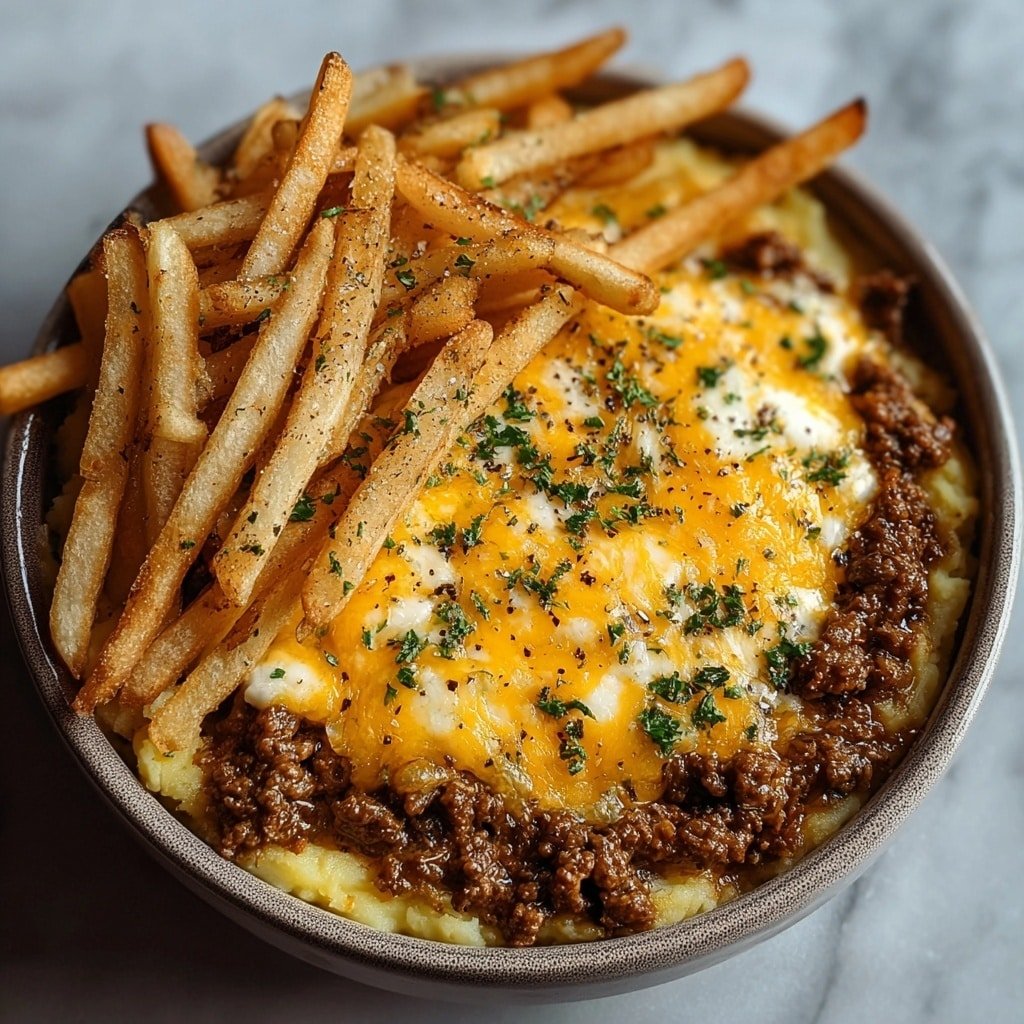 A round bowl filled with three visible layers: the bottom layer is light yellow mashed potatoes, the middle layer is thick brown cooked minced meat, and the top layer has melted orange and white cheese spread unevenly over the meat. On top of the cheese, there are many light golden brown French fries sprinkled with small bits of green herbs and black pepper. The bowl is placed on a white marbled surface. photo taken with an iphone --ar 4:5 --v 7