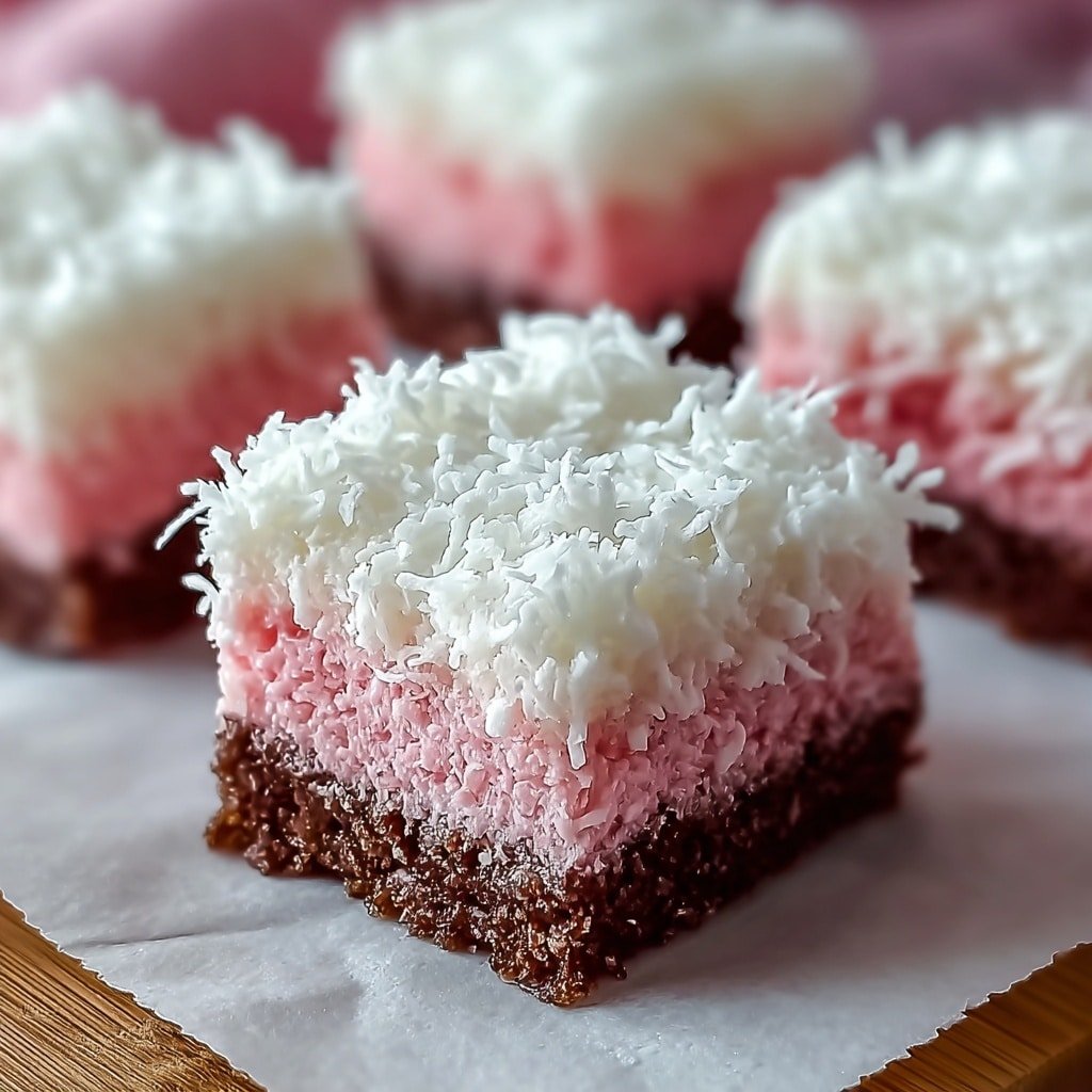 A close-up view of several small square cakes on white parchment paper over a wooden surface with white marbled texture background. Each cake has three layers: the bottom is a dark brown layer with a rough texture, the middle is a thick, soft pink layer with a crumbly look, and the top is covered with a generous amount of white shredded coconut that looks fluffy and slightly messy. The focus is on the foreground cake, with the others blurred softly in the background. Photo taken with an iphone --ar 4:5 --v 7