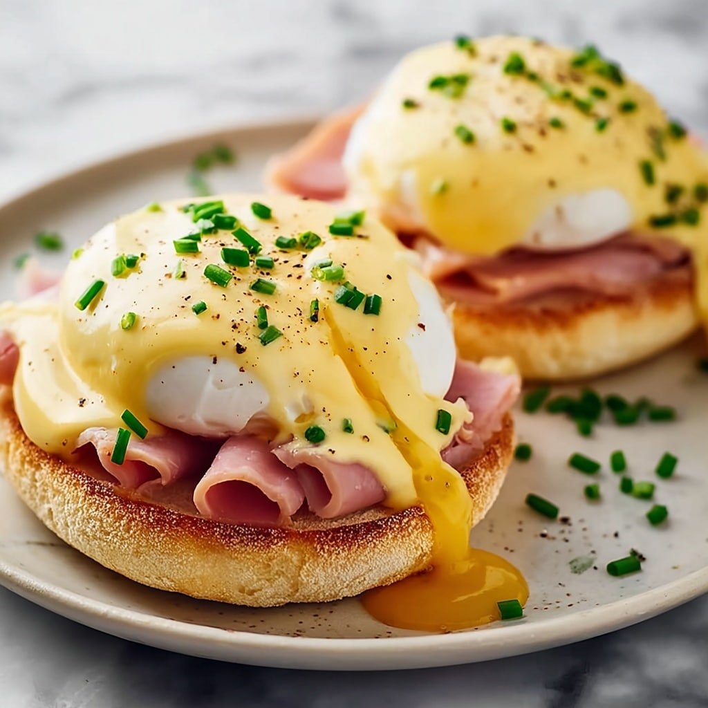 The image shows two Eggs Benedict dishes on a white plate with a light marbled texture underneath. Each dish has a toasted English muffin at the bottom, with a golden-brown, slightly crispy texture. On top of the muffin, there is a layer of pink ham pieces. Above the ham, there is a perfectly poached white egg with a smooth surface. The egg is covered with creamy, yellow hollandaise sauce that flows down the sides. The sauce is sprinkled with small bits of chopped green chives and a few flecks of black pepper. The background is softly blurred white marble. photo taken with an iphone --ar 1:1 --v 7