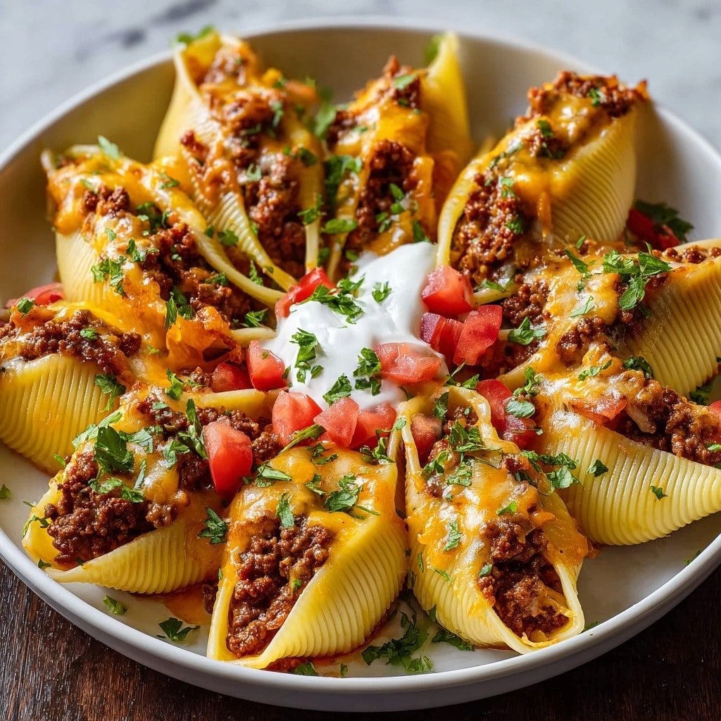 This image shows a white oval dish filled with large pasta shells arranged tightly in rows. Each shell is stuffed with a brown meat sauce that looks thick and rich, topped with melted yellow cheese that glistens slightly. Some shells have small white dollops of sauce on top, and everything is sprinkled generously with chopped fresh green herbs and small pieces of diced red tomatoes. The white oval dish is placed on a colorful woven cloth, and the background is a white marbled surface. photo taken with an iphone --ar 1:1 --v 7