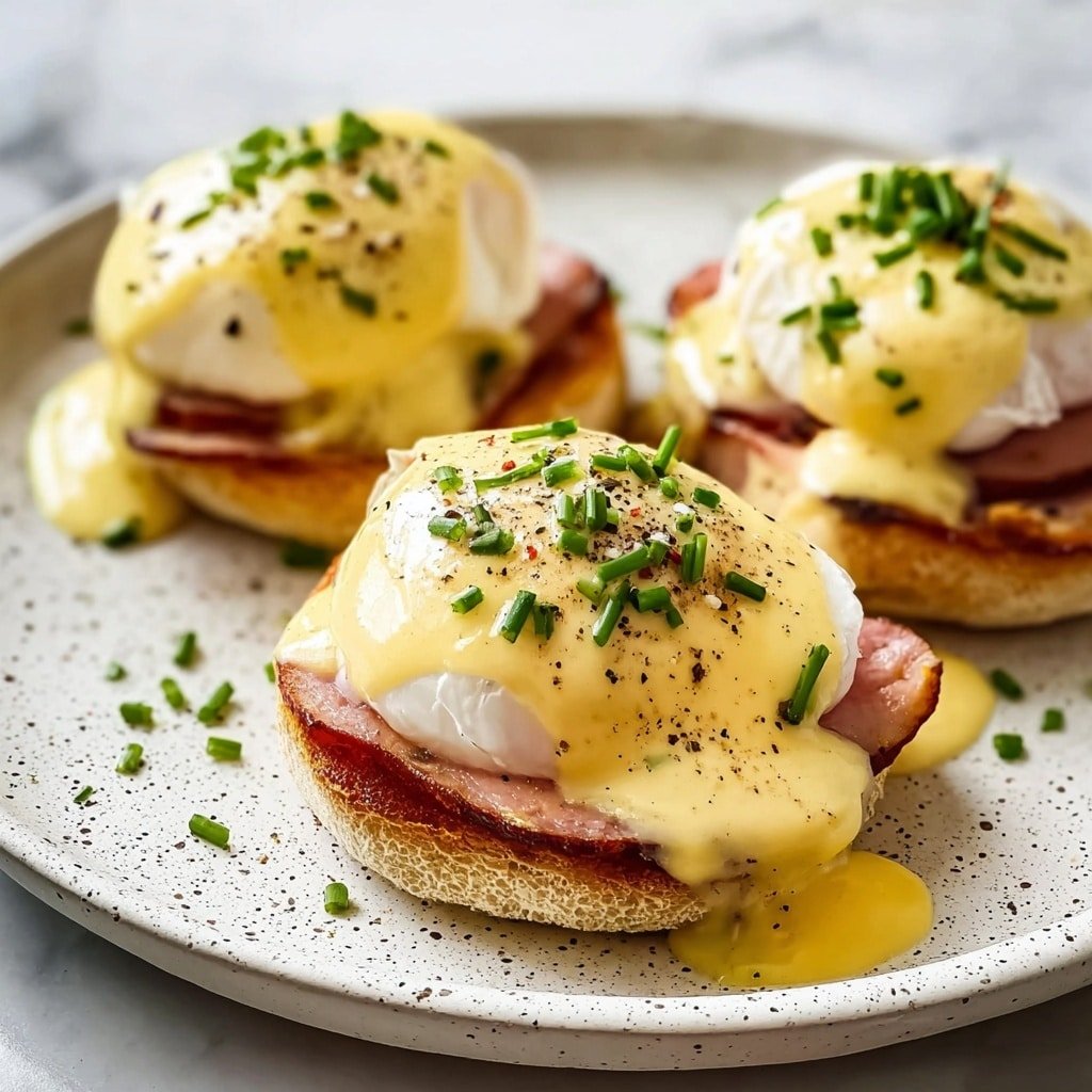 Three eggs Benedict sit on a white round plate with a speckled pattern. Each serving has a toasted English muffin base with a layer of browned ham, topped by a cooked egg with a smooth, slightly shiny white exterior. A creamy light yellow Hollandaise sauce generously covers the eggs and drips down the sides. The dish is sprinkled with finely chopped green chives and a light dusting of black pepper. The plate rests on a white marbled textured surface in soft natural light. Photo taken with an iphone --ar 1:1 --v 7