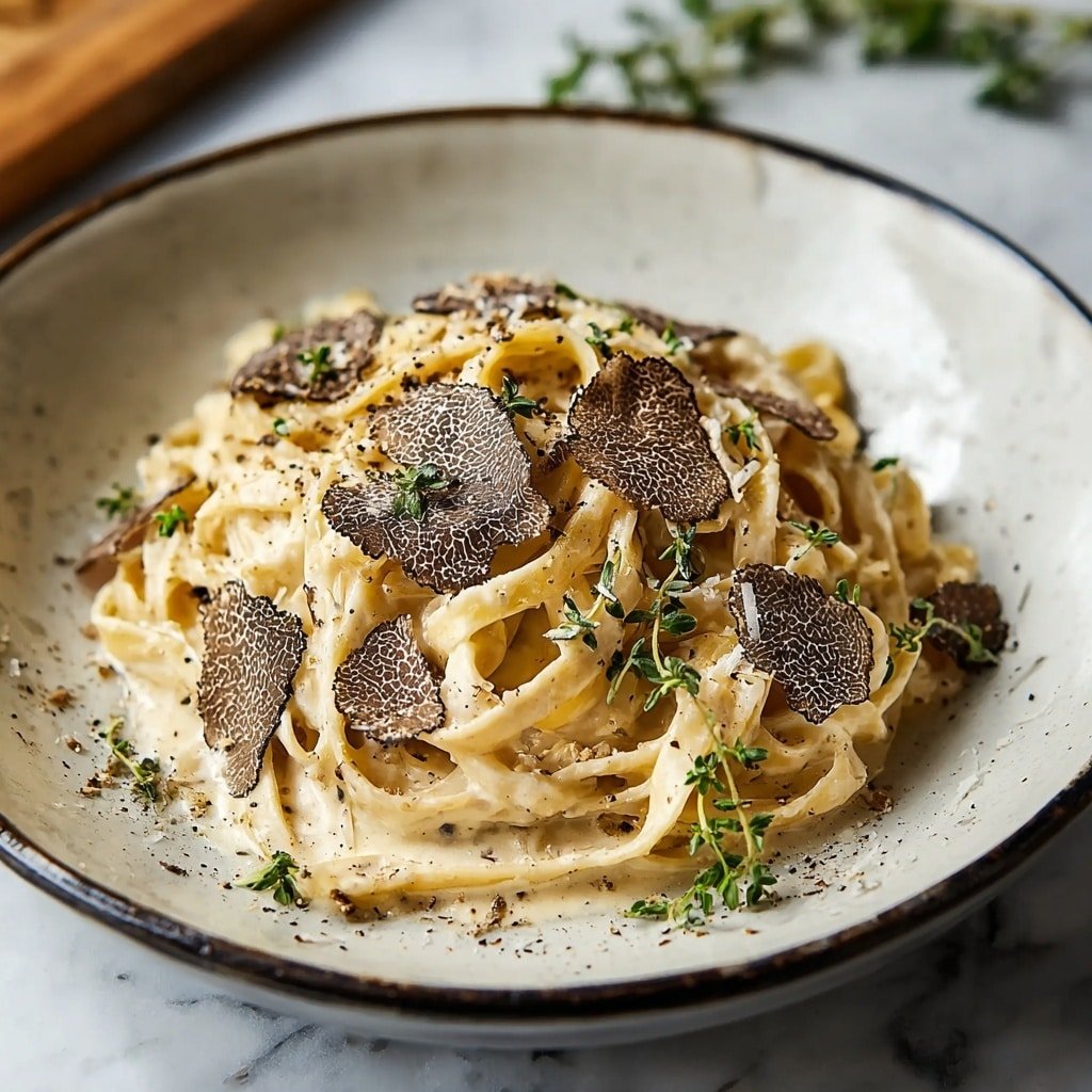 A dark gray bowl holds creamy fettuccine pasta in a pale off-white sauce, topped with thin slices of dark brown mushrooms scattered across the top layer. The pasta is sprinkled with grated white cheese and cracked black pepper. Small green herb sprigs add color and texture on the creamy pasta. The bowl sits on a white marbled surface that contrasts with the dish. Photo taken with an iphone --ar 1:1 --v 7