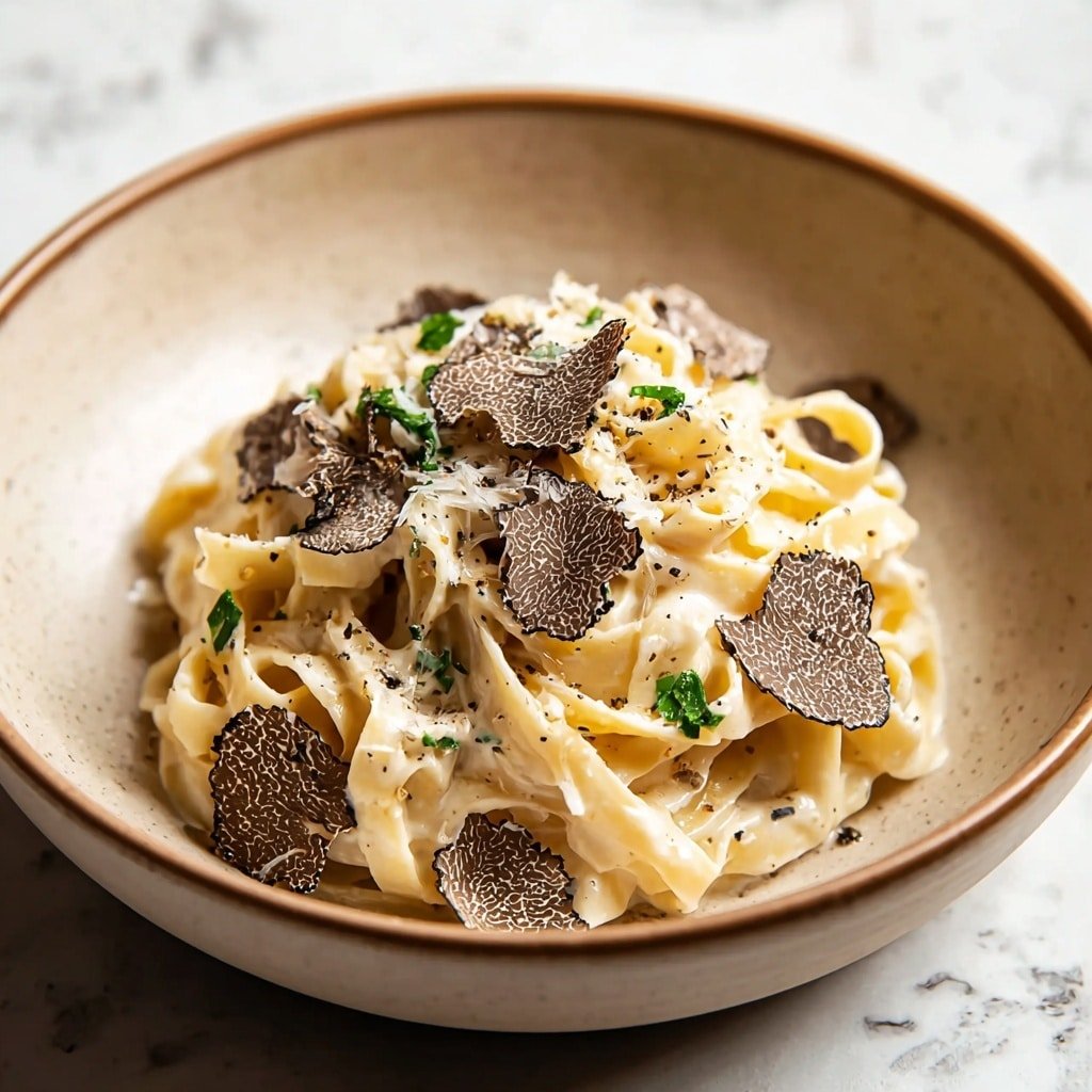 A beige bowl contains a neat mound of creamy fettuccine pasta, layered with thin, uneven slices of dark brown truffle on top. The pasta is coated in a smooth, light cream sauce with a slightly glossy texture. Small bits of green parsley are scattered across the pasta, and a light sprinkling of finely grated cheese and cracked black pepper adds a delicate dust on the surface, creating contrast. The bowl sits on a white marbled texture background. Photo taken with an iphone --ar 1:1 --v 7