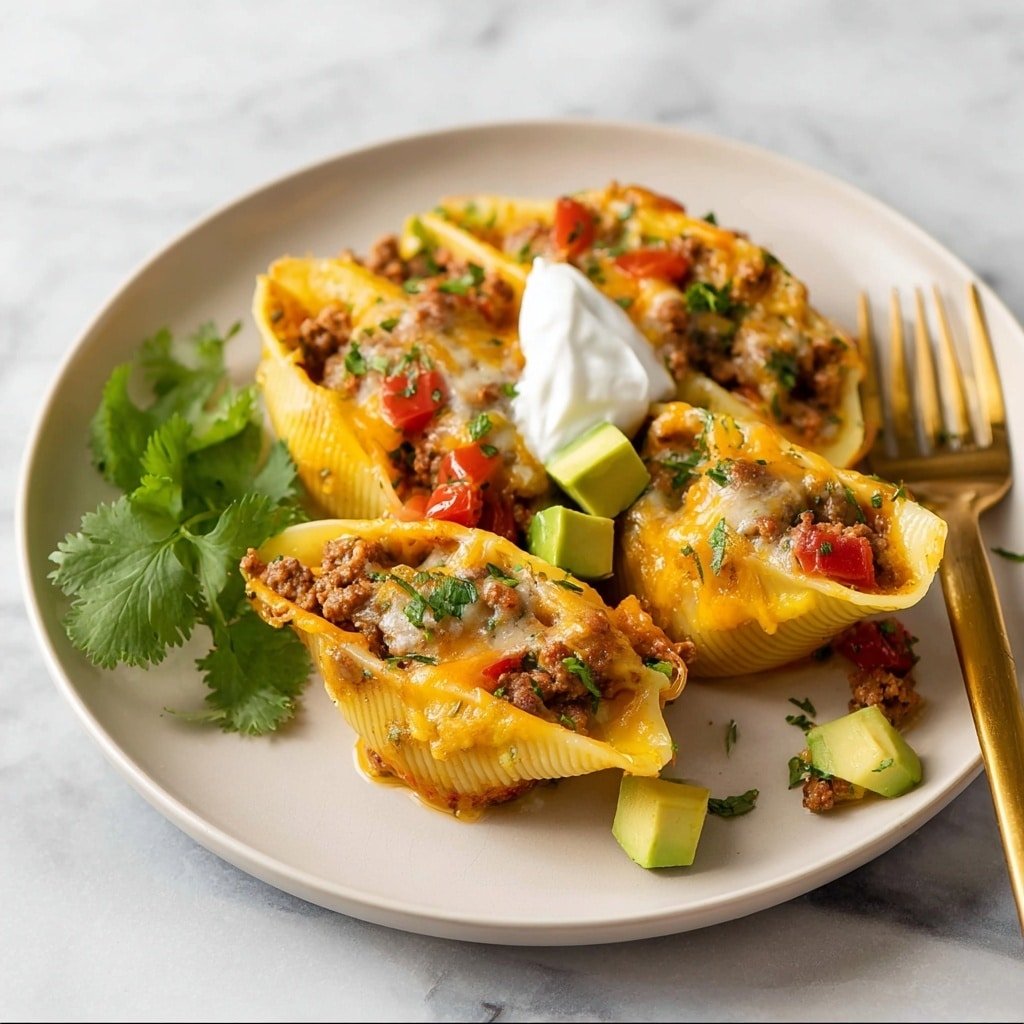 On a white plate placed on a white marbled surface, three stuffed pasta shells are arranged closely together. Each shell is yellow with a slightly crisped golden top, filled with a mix of ground meat, melted orange cheese, diced red tomatoes, and small green herbs. Small cubes of light green avocado are scattered among the shells. A dollop of smooth, white cream sits on top of the front shell. A sprig of fresh green cilantro rests near the edge of the plate. To the right of the shells lies a gold fork resting on the plate's edge. Photo taken with an iphone --ar 1:1 --v 7