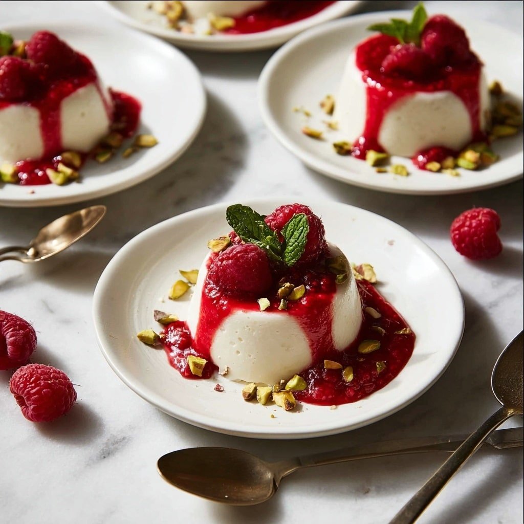 Creamy Vanilla Panna Cotta with Raspberry Coulis and Pistachio Garnish Recipe - Recipe Image