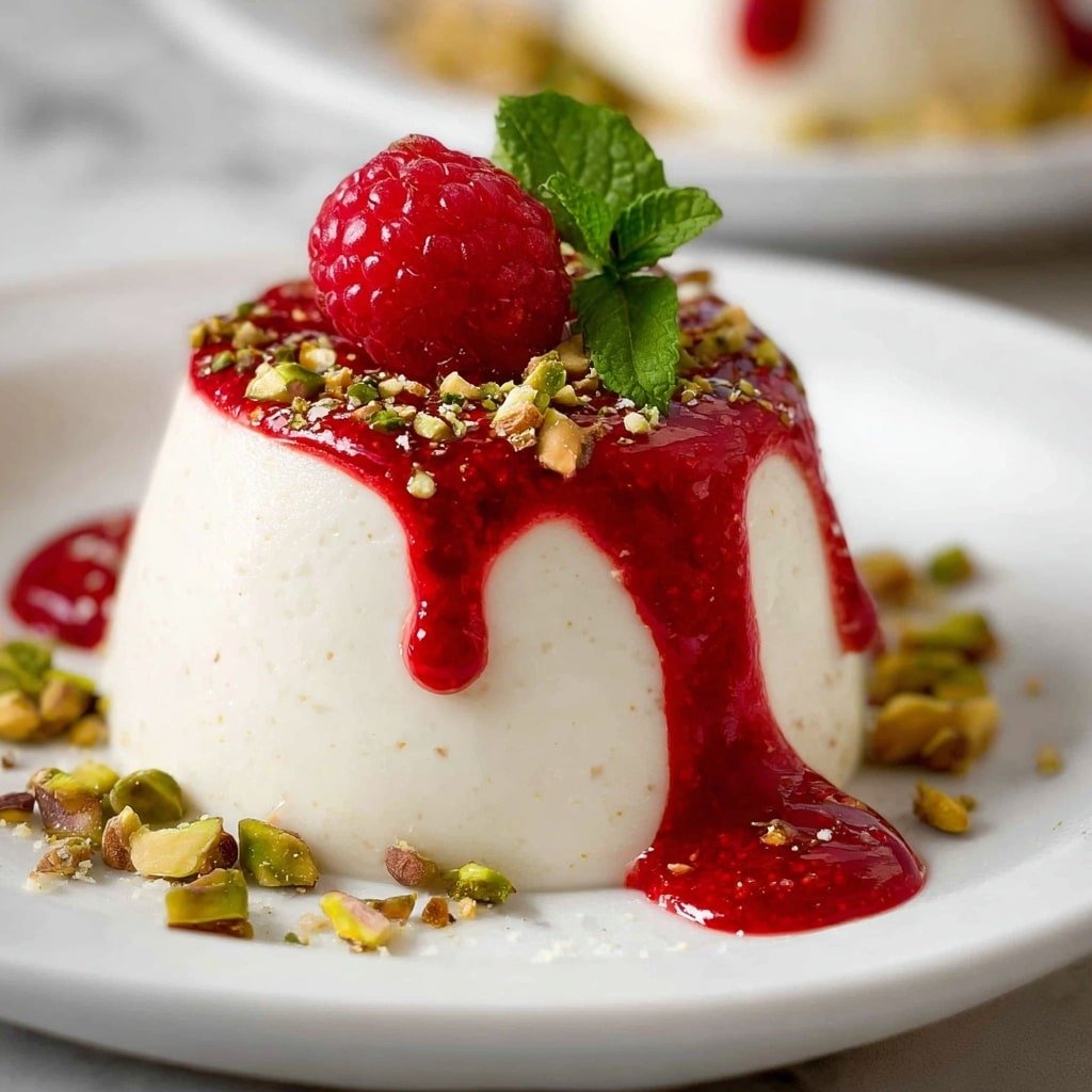 Creamy Vanilla Panna Cotta with Raspberry Coulis and Pistachio Garnish Recipe - Recipe Image